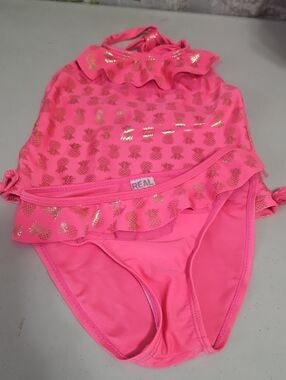 Real LOVE pink Metallic Swim Bikini Size 4T Hot Pink Base 2 Piece Set